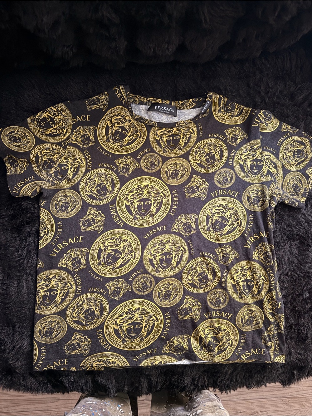 Authentic Versace Kids Black and Gold All-Over Medusa Coin Print Tee